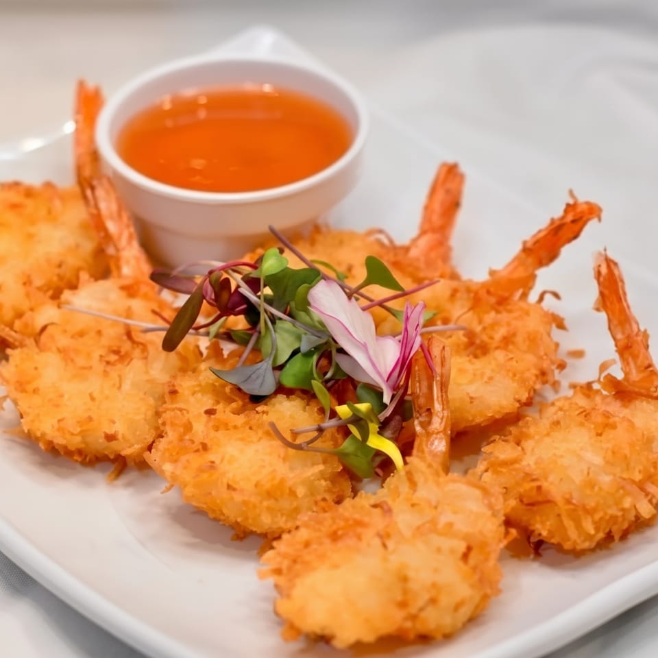 Crispy coconut shrimp with a side of sweet chili dipping sauce and microgreens on a white plate.