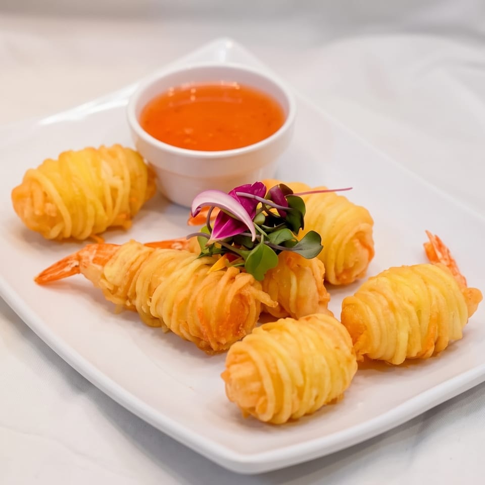 Crispy fried shrimp wrapped in potato strings, garnished with microgreens and a side of sweet chili sauce.