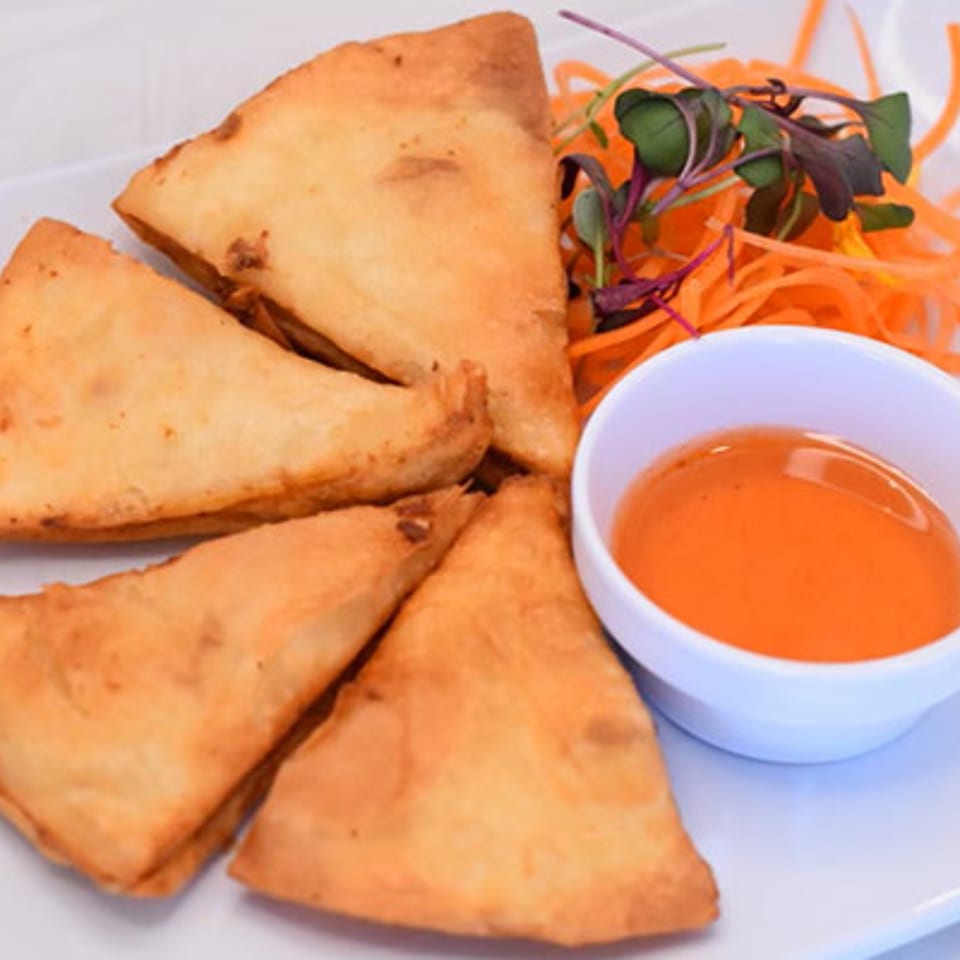 Golden fried wontons with sweet chili sauce and a side of shredded carrots and microgreens.